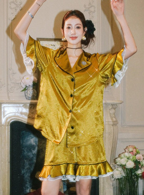 原创金色软亮片胸垫睡衣女两件套仿真丝冰丝提花家居服套装可外穿