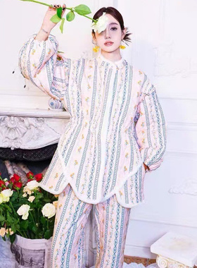 原创松紧收腰三层夹棉加厚睡衣女款灯笼袖加棉加绒家居服两件套装