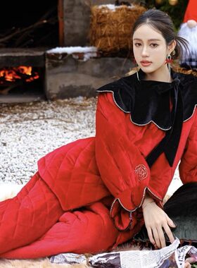 酒红家居服水钻加厚睡衣女款