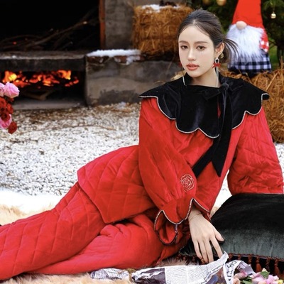 酒红家居服水钻加厚睡衣女款