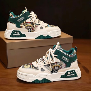 增高休闲潮鞋 情侣百搭厚底帆布板鞋 春季 回力卡通小熊图案高帮板鞋