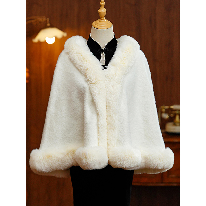 不二先生高档加厚白色毛披肩斗篷