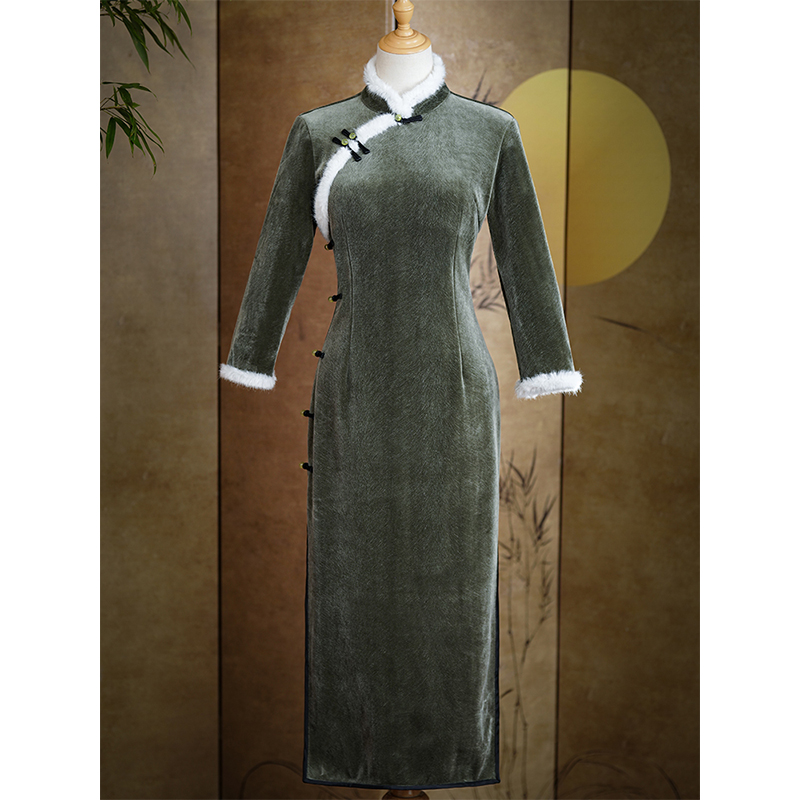 高档绿色旗袍2025年新款女冬季