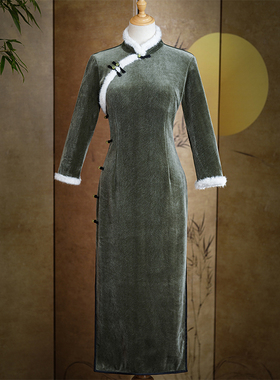 绿色旗袍2026年新款素雅复古年轻款长袖加绒加厚改良连衣裙女冬季