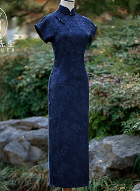 不二古法旗袍夏款季2025年蓝色短袖旗袍长裙复古传统民国风素雅裙