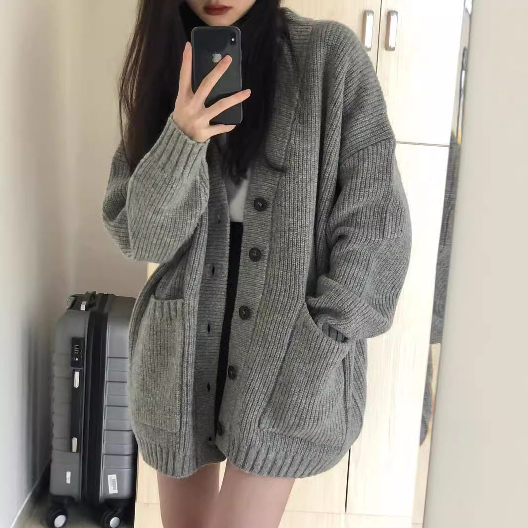春秋新款毛衣女学院风开衫学生韩版宽松V领百搭纯色针织外套开衫
