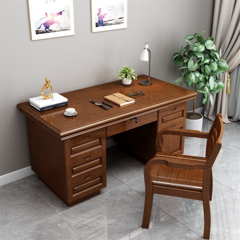 实木原木办公桌台式电脑桌办公室职员单人带抽屉锁家用书桌写字台