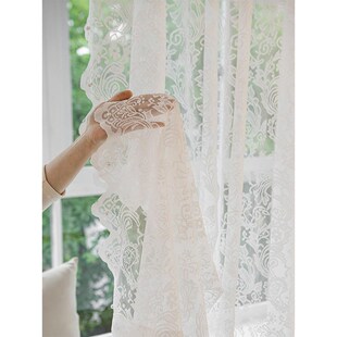 法式 卧室客厅奶油风阳台窗纱 蕾丝纱帘免打孔窗帘飘窗白色挂钩式