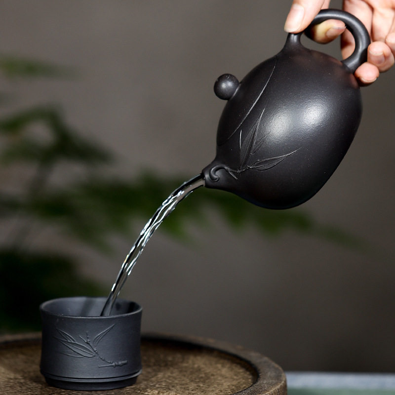 周恋名家原矿纯全手工黑泥竹叶西施套p装紫砂壶茶壶茶具