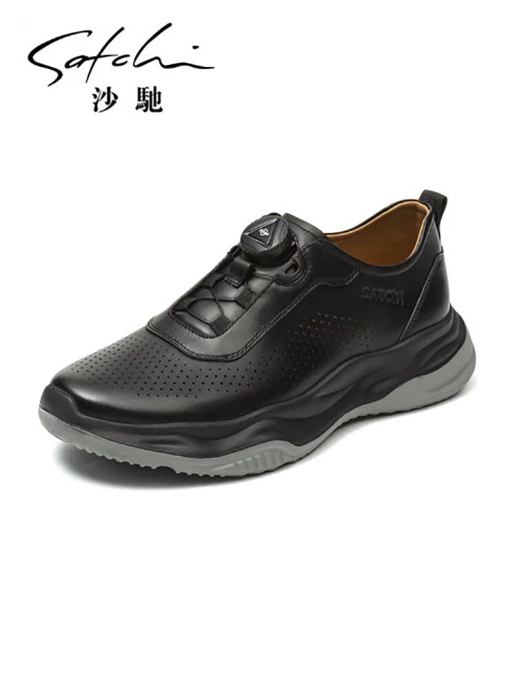 沙驰男鞋新款镂空凉鞋男士厚底运动休闲鞋打孔透气旋转自动扣皮鞋