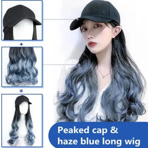 Women's Hat Wig One Peak Cap Haze Blue Large Wavy Long Hair