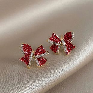 Christmas Red Zircon Crystal Bow Stud Earrings For Women Hea