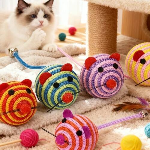 Knitted Mouse Cat Toy, Striped Knitted Ball Shape, Simulated