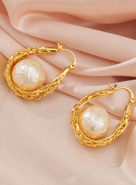 naingirl轻奢金色圆环珍珠耳环女设计感气质高级感耳饰E9082