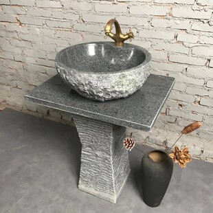 天然石头盆分体落地式石头洗脸盆盘艺术石材阳台庭院家居立柱洗手