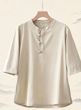 夏季薄款中式V领七分袖上衣T恤衫中国风男女士禅修服居士服茶服