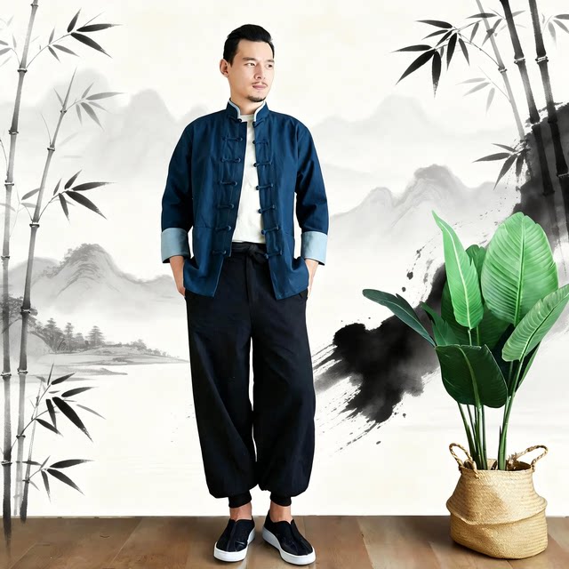 麻凡春季中国风新款滚边对襟衣苎麻挽袖男式衬衫复古立领休闲衬衣