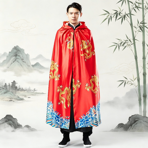中国风复古麻凡小龙斗篷连帽斗篷披风春季加长款服男装 古风