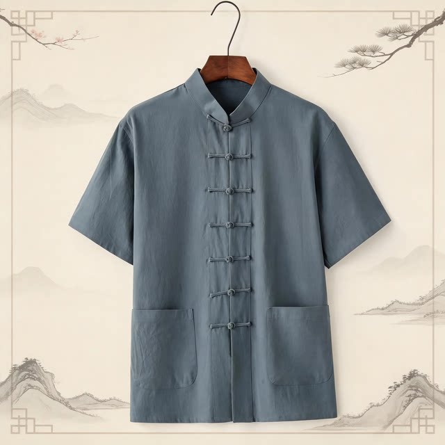 唐装男士中老年夏季薄款棉麻短袖上衣中国风中式复古盘扣休闲衬衫