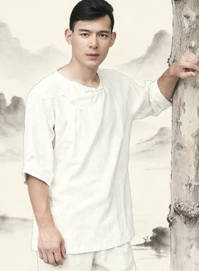 麻凡布衣夏季纯色一字扣斜襟上衣 简约休闲男装长袖民族风T恤麻
