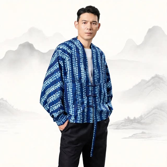 26年秋冬麻凡布衣扎染飘带双层唐装