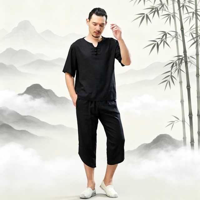2026夏季新款男式三扣套装亚麻休闲裤潮流中国风纯色V领套装