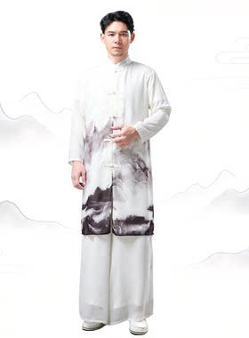 2026新款男装山水双层开衫民族风夏季休闲薄款中式立领中长款外套