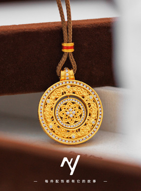 越南沙金镶钻镂空花丝金店款可旋转福报团花圆盘吊坠项链女