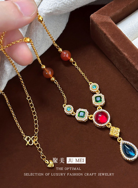 仿真黄金国风凤华宫影项链女越南沙金多巴胺五彩斑斓锁骨链设计感
