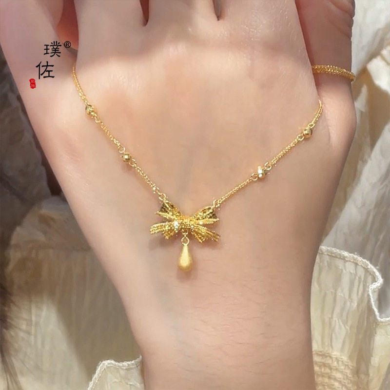 金店同款越南沙金碎碎冰拉丝蝴蝶结水滴项链设计感甜美日常锁骨链