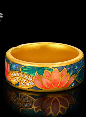 新款久不掉色宫廷古法莫奈睡莲沙金戒指女拍平珐琅工艺锡金首饰
