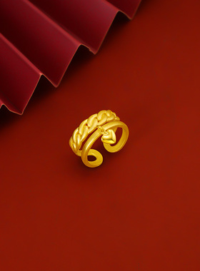 心麻花双层戒指复古戒指沙金戒指女心形磨砂开口女黄金戒指