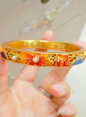 珐琅四富士山下越南沙金手镯女古法宫廷镶嵌手环中式复古锡金手饰
