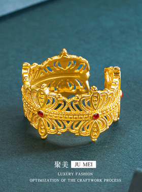 古法花丝女镂空越南沙金戒指女王皇冠指环性感蕾丝复古素圈红宝石