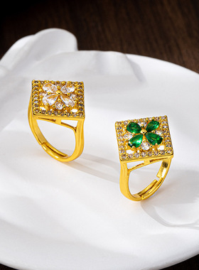 越南沙金食指戒仿祖母绿镶锆开口戒指女个性设计久不掉色饰品