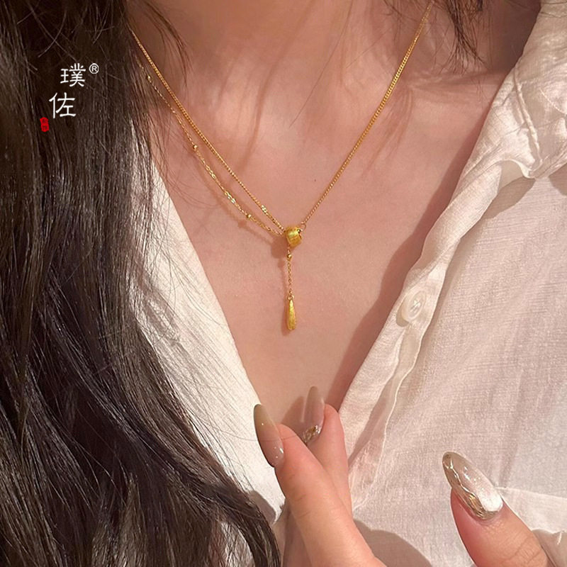 金店同款沙金拉丝跑环水滴项链精致高级简约Y型锁骨链送女友