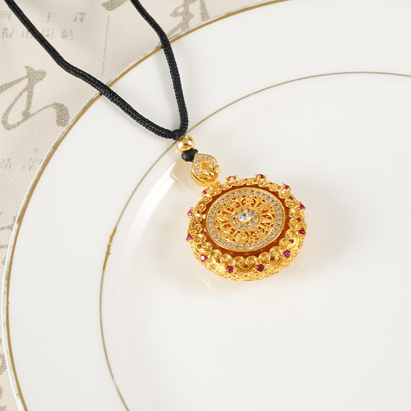 新款越南沙金项链新中式镶钻拉丝旋八宝罗盘吊坠宫廷风仿真金饰品