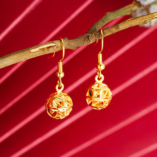 中国风绣球耳钩越南沙金镂空吉祥如意圆球耳坠复古女婚礼锡金饰品