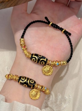 古法越南沙金手工点钻黄财神藏式编绳手链新中式复古仿真黄金百搭