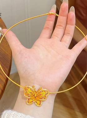 金店同款沙金玫红钻花丝秘境羽蝶吊坠镂空缤纷蝴蝶锁骨链送女友礼