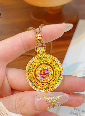 沙金珐琅点钻花丝红绿荷花罗盘吊坠项链可转动如意圆盘挂坠送女友