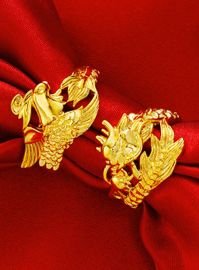 越南沙金男女对戒黄金婚庆首饰情侣黄金开口龙凤锡金戒指