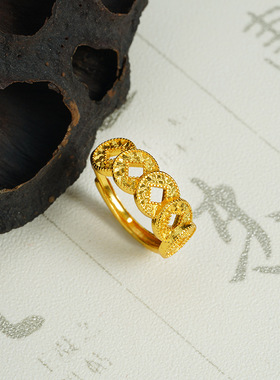 国潮越南沙金指环复古铜钱碎冰冰五帝钱币开口戒指潮流高级感饰品