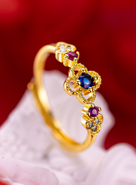 高级感网红四叶草沙金钻戒女款黄金小众百搭时尚四叶草活口戒指