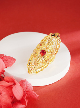 越南沙金羽翼孔雀黄金戒指女士气质久不掉色复古红宝石锡金款式