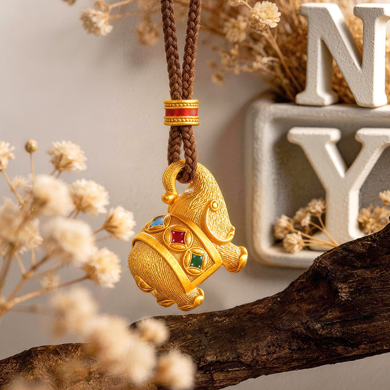 孟大师同款古法金拉丝吉吉象项链新款越南沙金珐琅彩象吊坠毛衣链
