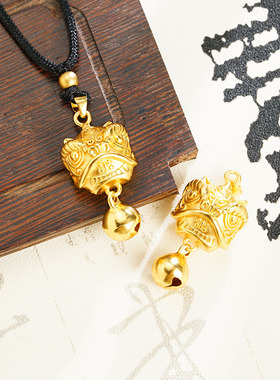 国潮中国风舞狮头铃铛黑绳项链女越南沙金高保色吉祥黄金饰品
