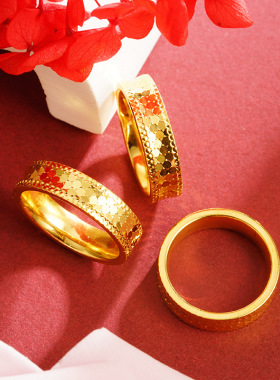 新品流行沙金蜂巢锡金戒指简约六边形小众轻奢鱼鳞网格黄金指环