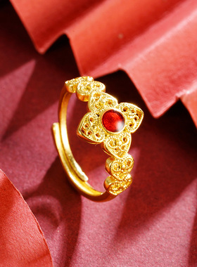 古法越南沙金宫廷风活口戒指女款镂空锡金高级感饰品黄金手饰