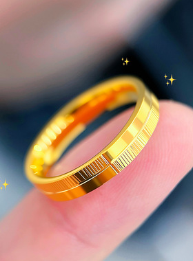 轻奢中古风设计感仿真金车花竖纹格子指环越南沙金情侣款戒指